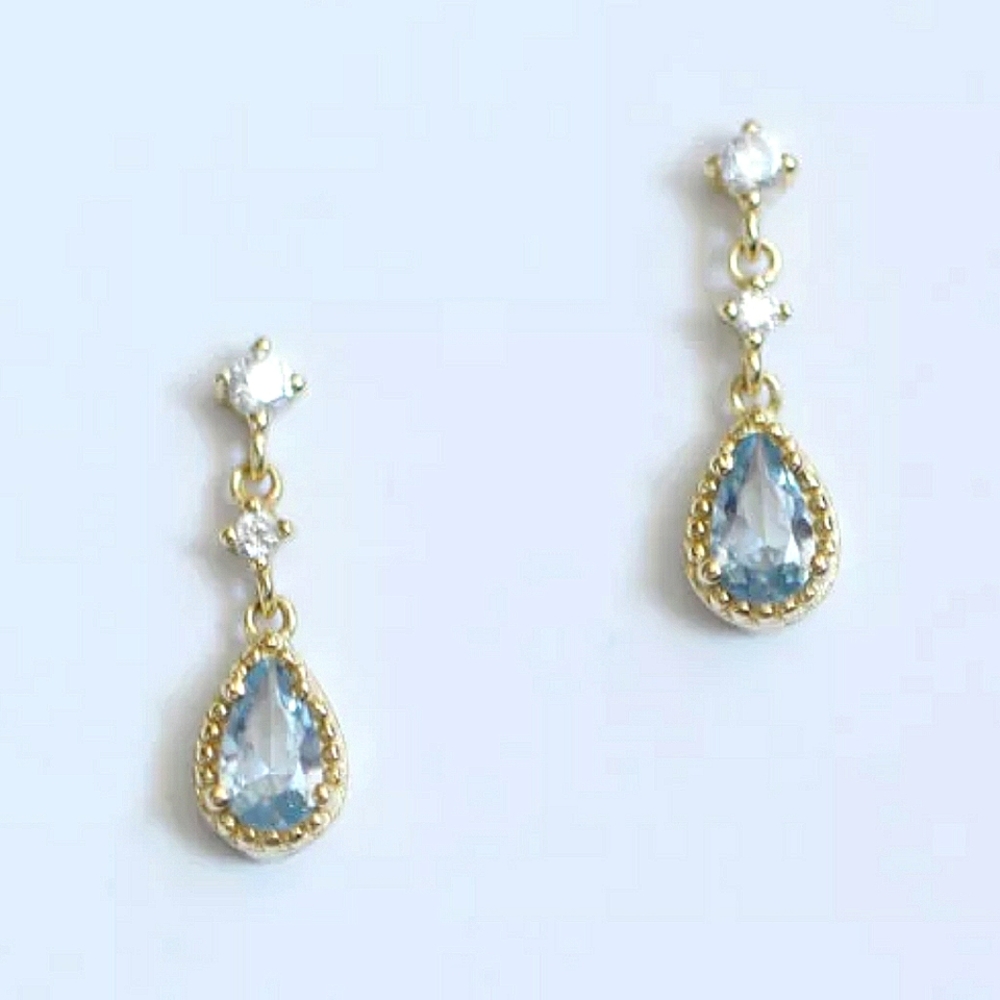 18KT GOLD/925 STERLING SILVER BLUE SAFFIRE CRYSTAL DIAMOND CZ ROMANTIC DANGLES